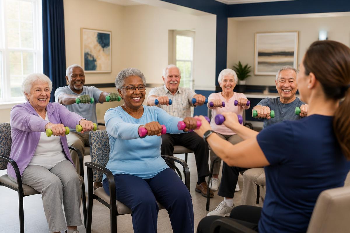 Seniors taking part in a seated group exercise class with light weights