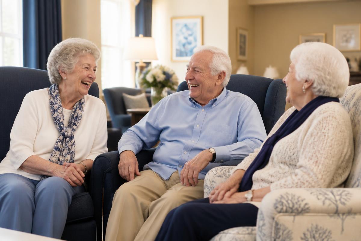 Three seniors laughing together in a comfortable, sunlit community room